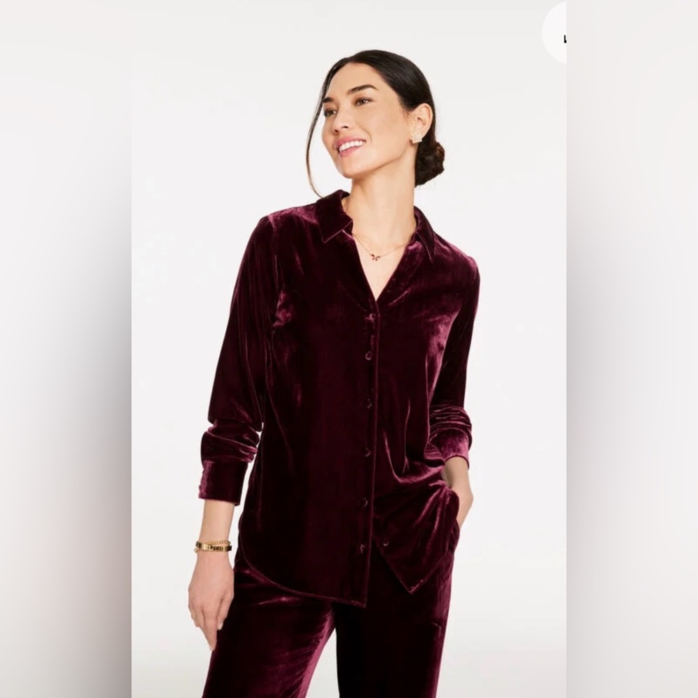 Talbots Rich Burgundy Velvet Button Down Shirt. Size Petite Medium. NWT.